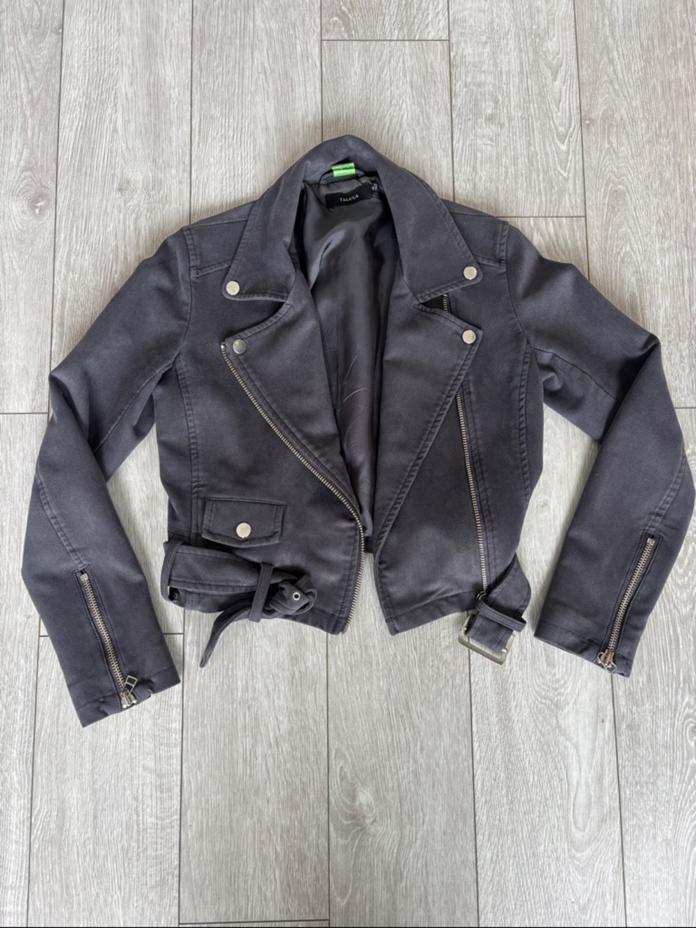 Aritzia Talula Grey suede Cropped Moto Jacket with Belted Waist